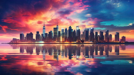 Fototapeta premium A wallpaper depicting a futuristic, colorful city with numerous skyscrapers, generative AI