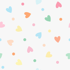 Repeating multicolored hearts and polka dots. Endless romantic print. Vector illustration. - obrazy, fototapety, plakaty
