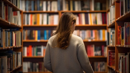 Female student standing in front of book shelves in library