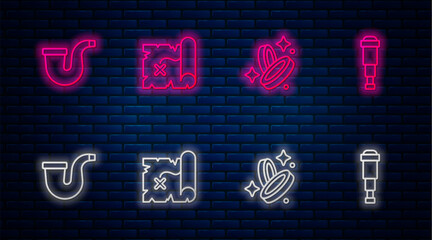 Set line Pirate treasure map, coin, Smoking pipe and Spyglass telescope lens. Glowing neon icon on brick wall. Vector