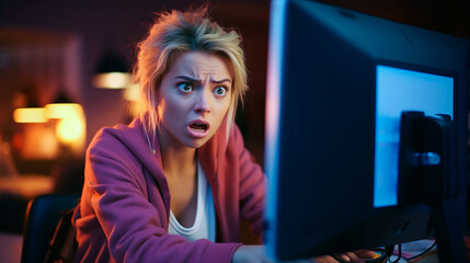 Surprised and scared digital influencer girl looking at computer screen.