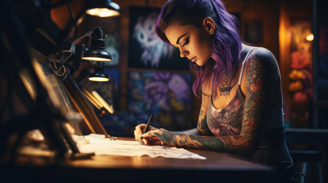 Woman master in a tattoo parlor makes a sketch of a future tattoo