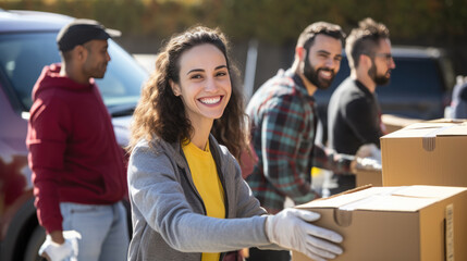 Volunteer holding a box of various aid for charity