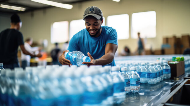 Volunteer prepares clean water bottles for charity