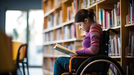 Girl student in a wheelchair in the library studying books