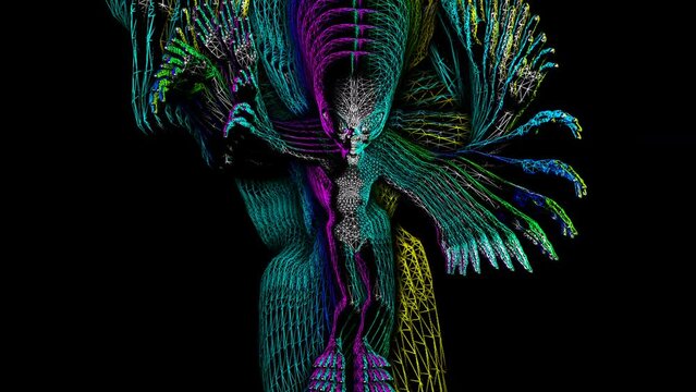 Seamless loopable animation of a rainbow metal alien dancing with echo effect