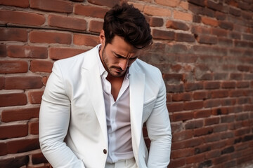 Sadness European Man In White Suit On Brick Wall Background. Сoncept Sadness, European Culture, Mens Fashion, Brick Wall Textures