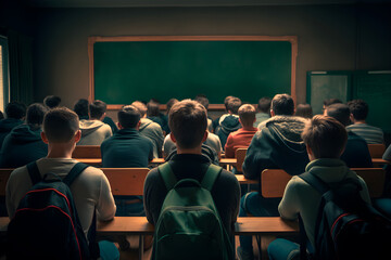 student in a school classroom, seen from behind looking towards the blackboard