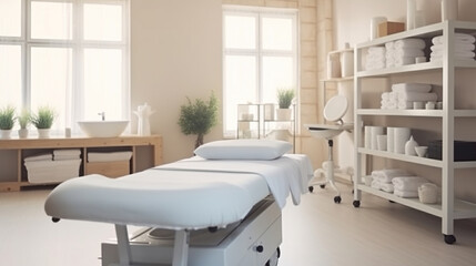 Beauty and body care. Interior of new beauty salon with spa massage table and set of skincare products ready for use. Generative AI