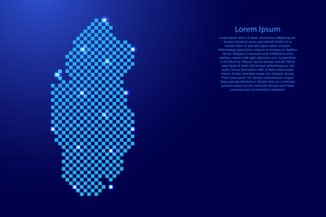 Qatar map from futuristic blue checkered square grid pattern and glowing stars for banner, poster, greeting card