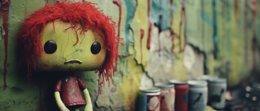 Penniless poor cute toxic green zombie doll that was a passionate spray paint graffiti artist before becoming undead roaming the urban streets, interested in love and art not brains  - generative AI