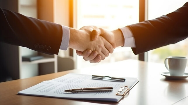 Estate agent shaking hands with his customer after contract signature. Generative AI