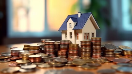Miniature house with coins. Generative AI