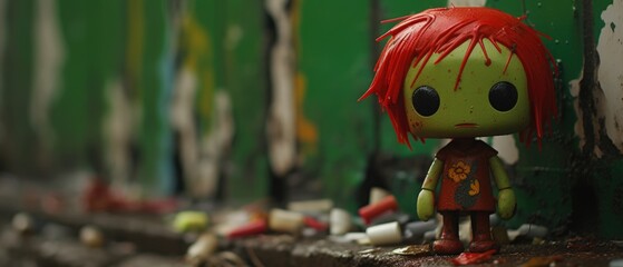 Naklejka premium Penniless poor cute toxic green zombie doll that was a passionate spray paint graffiti artist before becoming undead roaming the urban streets, interested in love and art not brains - generative AI