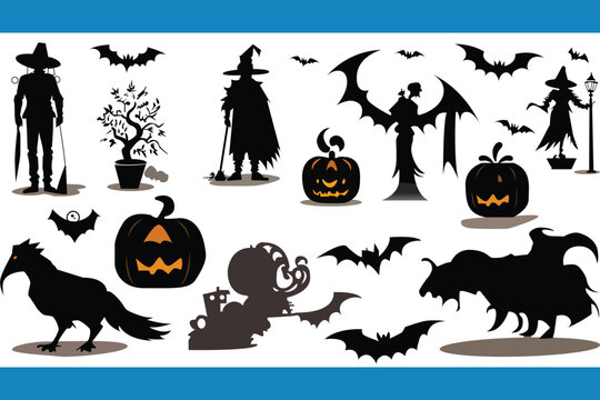 Happy Halloween icons set, black silhouette style. Isolated on a white background. Halloween collection of design elements with pumpkin, spider, zombie, skull, coffin, and bat. Vector illustration
