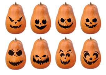 Pampkin faces set. Funny and scary faces. Isolated vector set.