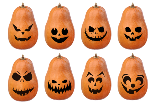 Pampkin faces set. Funny and scary faces. Isolated vector set.