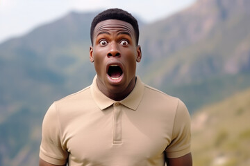 Surprise African Man In Beige Polo Shirt On Mountain Scenery Background. Сoncept Beige Polo Shirt, African Men In Adventure, Mountain Scenery, Surprising Moments