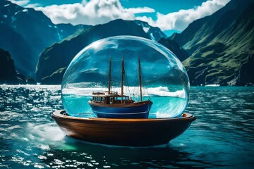 Boat in crystal drop in ocean