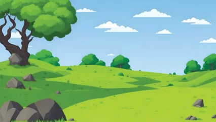 Photo sur Plexiglas Vert-citron Cartoon background green landscape with rocks and trees
