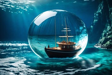 Boat in crystal drop in ocean