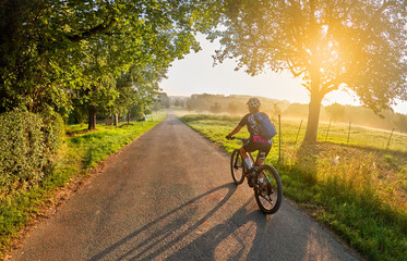 nice woman with electric mountain bike, cycling in moody morning light on the Neckar valley bicycle path near Ludwigsburg, Baden Württemberg, Germany - obrazy, fototapety, plakaty