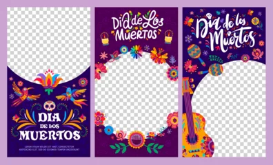 Foto auf Acrylglas Höhenskala Dia de Los Muertos social media templates, Day of Dead banners with frames, vector backgrounds. Mexican holiday frames with flowers and calavera skull, guitar and maracas with candles and flowers