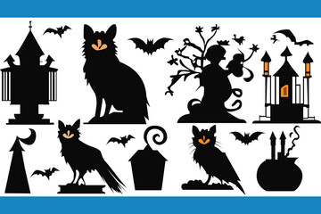 Collection of Halloween silhouettes icons and characters, elements for Halloween decorations Premium Vector