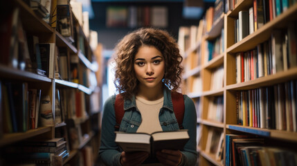 Female student standing in front of book shelves in college library and reading book