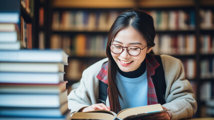Female student sitting in front of book shelves in college library and reading book