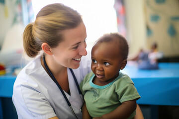 Female Caucasian doctor holding little African black girl - Generative AI
