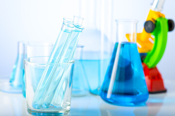 Chemical laboratory with glass test tubes and flasks