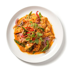 Pad Prik King Thai Dish On A White Plate, On A White Background Directly Above View