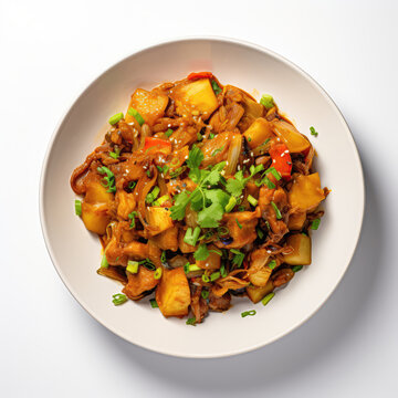 Sanya Khuna Nepalese Dish On A White Plate, On A White Background Directly Above View