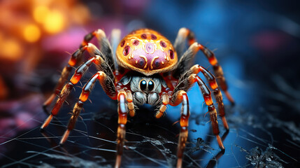 Spider in the center of its web on a colorful blurred background. Generative AI