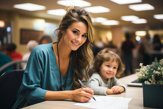 Mother with her small daughter while filling medical paperwork at reception desk in the hospital - Generative AI