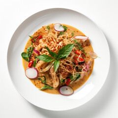 Laab Thai Dish On A White Plate, On A White Background Directly Above View