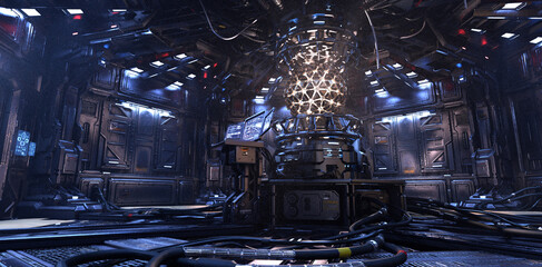 Industrial cyberpunk. Futuristic control room. Sci-fi interior with futuristic displays, devices, cables and steel panels. Photorealistic 3D illustration. © Valeriy