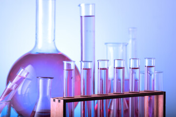 Chemical laboratory with glass test tubes and flasks