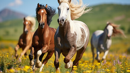 Obraz na płótnie Canvas Horses Galloping Through Flower-Filled Meadow