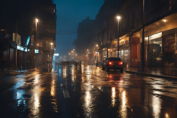 Fototapeta na wymiar evocative urban scene in the rain, capturing the reflection of city lights on wet streets, while conveying the ambiance of a dynamic rainy evening, realistic, photo. Generative AI.