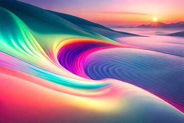 Abstract fluid iridescent holographic neon curved wave in motion colorful background 3d render. Gradient design element for backgrounds, banners, wallpapers, posters and covers