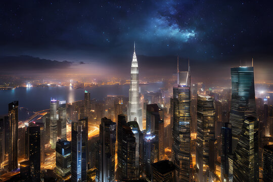 exquisite cityscape wallpaper, showcasing the dazzling lights of towering skyscrapers against the backdrop of a velvety night sky. Generative AI.