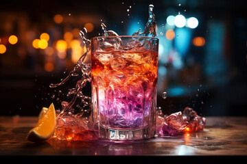 Multicolor alcoholic cocktail with ice, lemon and mint in a bar, nightclub party concept
