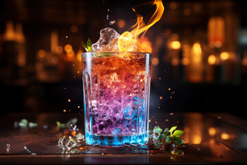 Multicolor alcoholic cocktail with fire and smoke in a bar, nightclub party concept