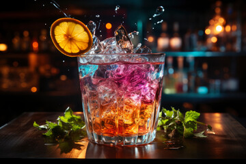 Multicolor alcoholic cocktail with ice, lemon and mint in a bar, nightclub party concept - obrazy, fototapety, plakaty