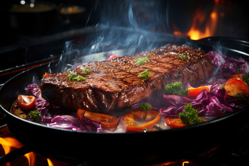 Grilled beef steak with vegetables, barbecue with fire and smoke