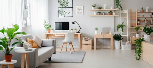 Functional Simplicity. White Interior with Grey Sofa, Wooden Details, and Study Corner
