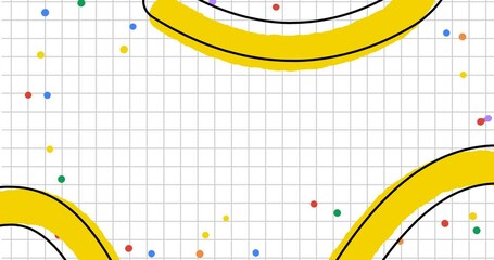 4k colorful little dots on transparent checked background. Animated yellow stripe with black outline. Color frame orange, green, purple, blue, red, pink. Cartoon childish design style. Seamless loop - Powered by Adobe