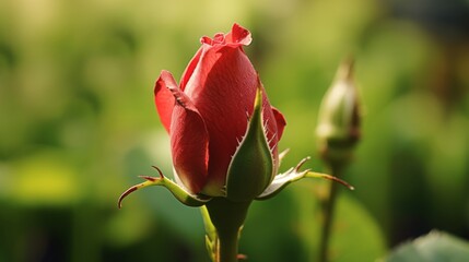 Fototapeta premium Opened red rose bud in the garden. Generative AI